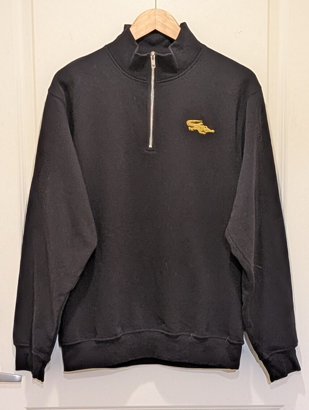 GUC Le Crocodile M Half Zip Black Cotton Blend Sweatshirt with Gold Embroidery